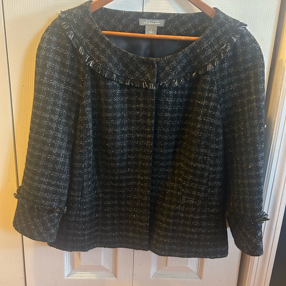 Ann Taylor Black Tweed Fringe-Trim Cropped Jacket